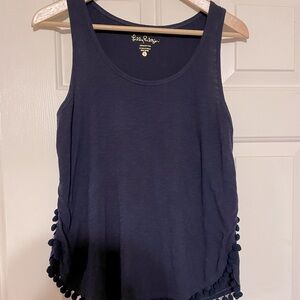 Lilly Pulitzer Mckee Tank Blouse Top Navy Pom Pom Cotton Sleeveless Size Small